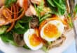 Soba noodle salad bowl with salmon fillets