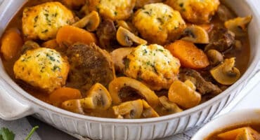 Beef and mushroom stew with mini dumplings
