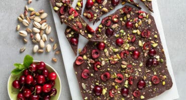 Dark chocolate cherry bark with pistachios and flaky salt