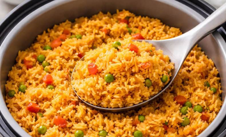 Golden Spanish rice made easy in a rice cooker