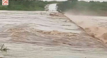 A flooded bridge.