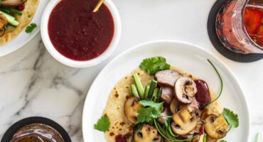 Duck and mushroom pancakes with plum sauce