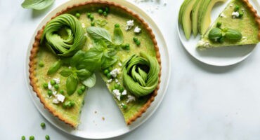 Avocado pastry tart with peas, feta and basil