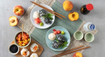 Smoked salmon peach sushi rice balls with sesame