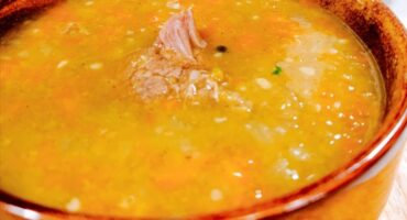 Traditional split pea and vegetable soup with beef or lamb