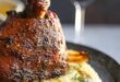 Slow-braised pork shank with red wine and creamy mash