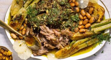 Slow-cooked lamb shoulder with preserved lemon and herbs