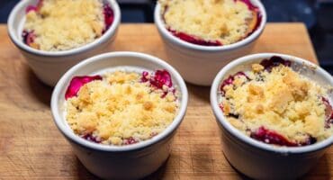 Plum crumble with a golden, buttery crunch