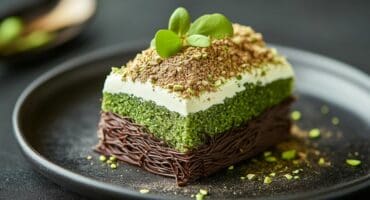 Pistachio and chocolate layer cake with cream topping