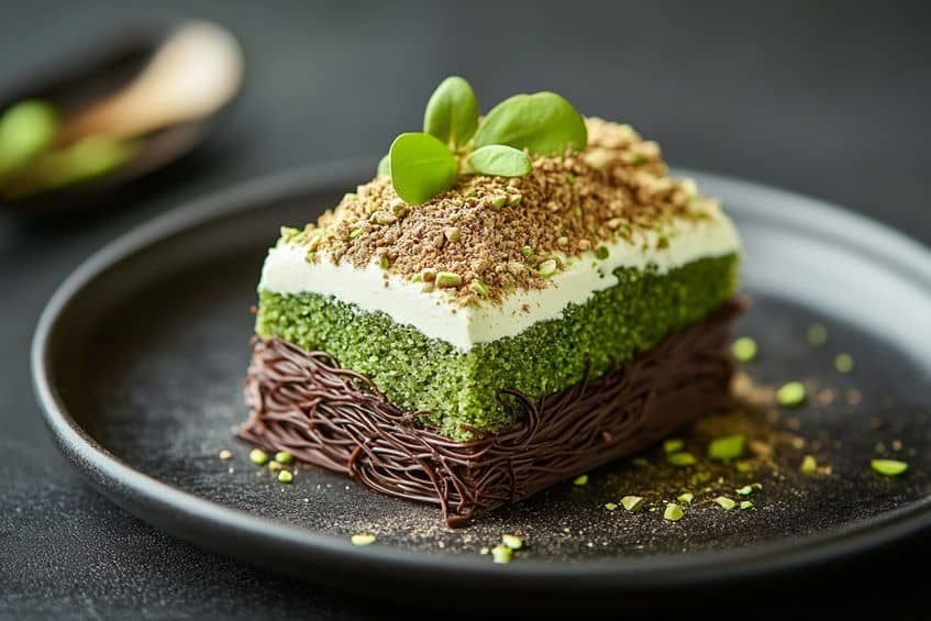 Pistachio and chocolate layer cake with cream topping