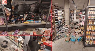 Damaged shelves and food items in a store
