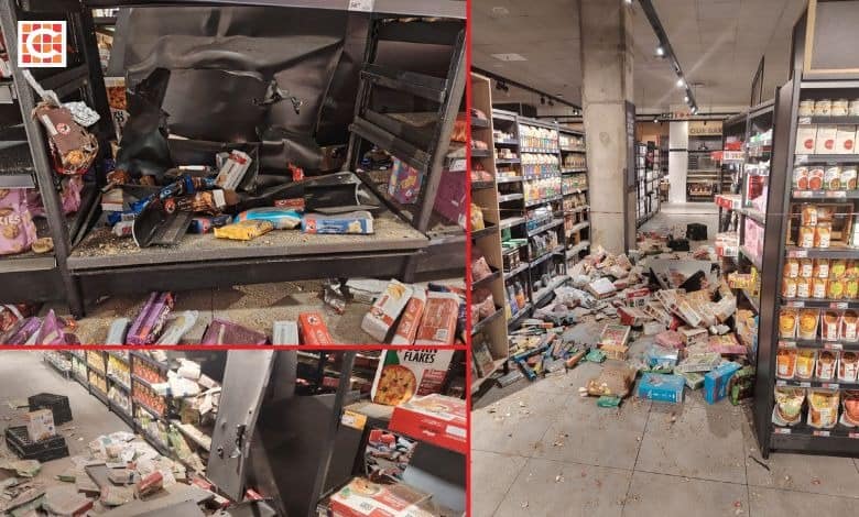 Damaged shelves and food items in a store