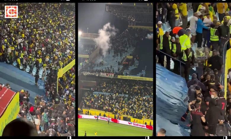 Watch: Mass brawl as Sundowns and AS FAR supporters clash at Loftus