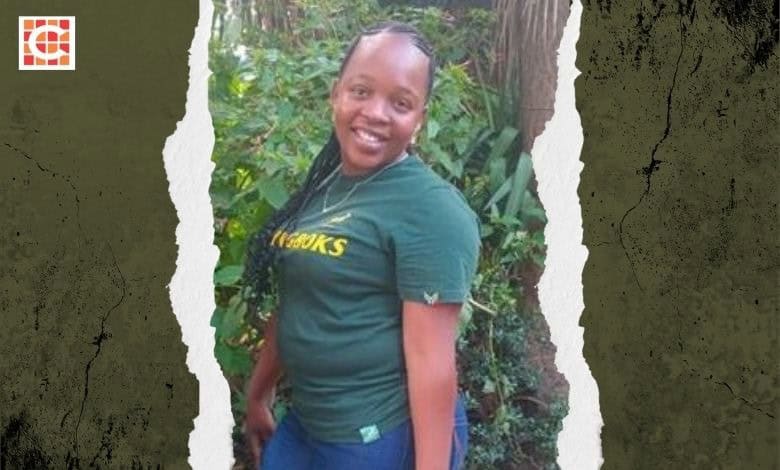Woman with long braided hair standing in front of plants, posing for the camera wearing a green Springboks T-shirt.