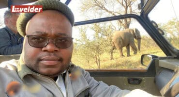 Tour guide wearing glasses in a game viewing vehicle with an elephant visible over this left shoulder.