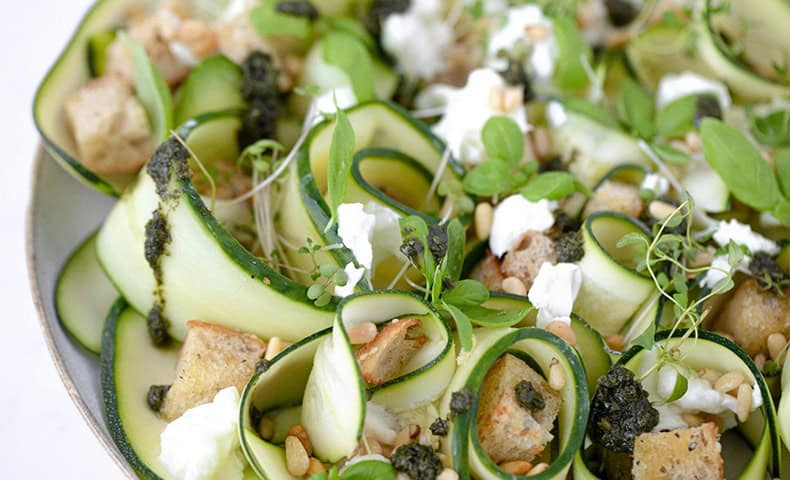 Courgette ribbon salad with feta and pesto