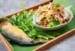 Thai rice vermicelli with fried mackerel and spicy herb salad