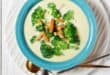 Creamy broccoli soup served with cheddar croutons