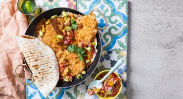 Sheet-pan chicken schnitzel quesadilla with black bean sauce