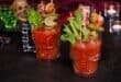 Bloody Mary loaded with bacon and shrimp skewers