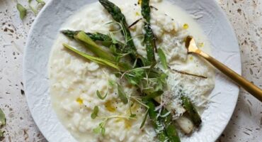 Charred leek and asparagus risotto with freshly grated parmesan