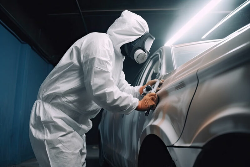 Car painter in protective clothes paints automobile with paint in chamber workshop. Generative AI