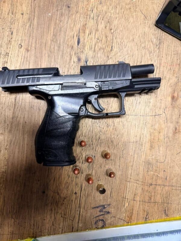 The suspect was swiftly apprehended after allegedly firing shots into the air, with officers recovering a Glock pistol with a filed-off serial number and live ammunition.