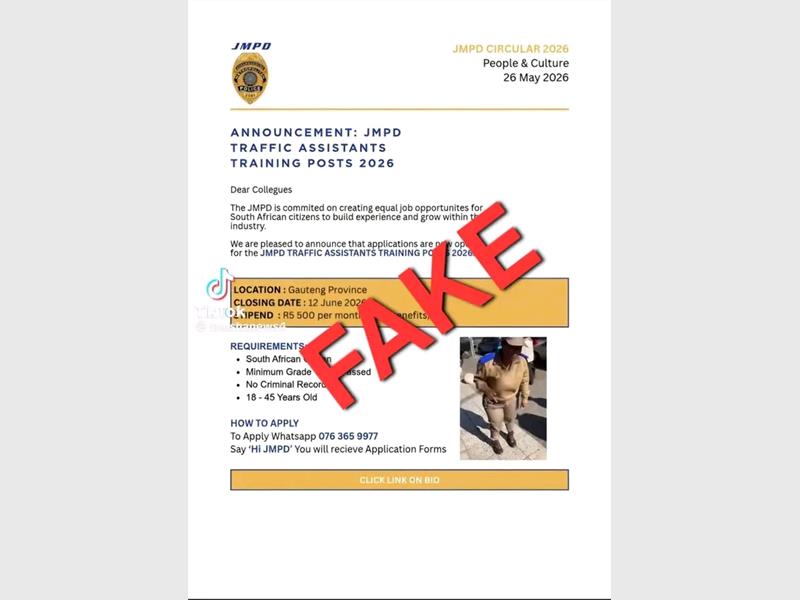 JMPD cautioned unemployed residents to verify all recruitment advertisements after scammers shared fake traffic assistant training opportunities on social media platforms.