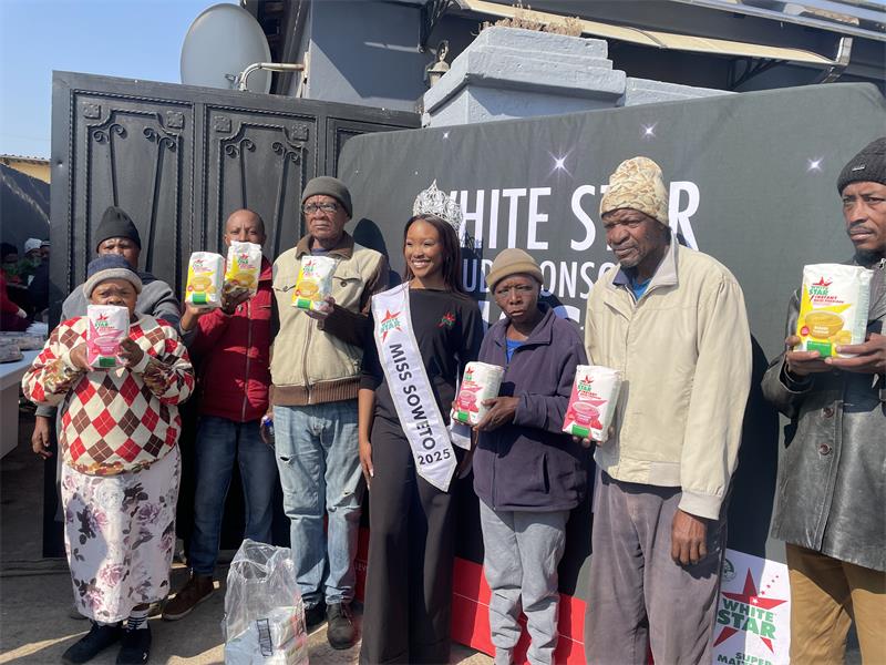 Miss Soweto and White Star donated food products to the Mamlangeni Feeding Scheme in Orlando East, helping the initiative continue providing nutritious meals to vulnerable community members.