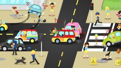 Accidents, injuries, danger and safety caution on traffic road v