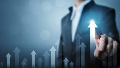 Business development to success and growing growth concept. Businessman pointing arrow graph corporate future growth plan and increase percentage