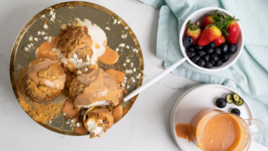 Air fryer ice-cream bombes with salted caramel sauce