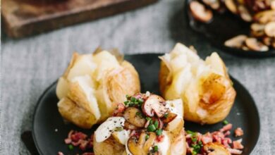 Ultimate baked potato with mushrooms, sour cream, bacon & chives
