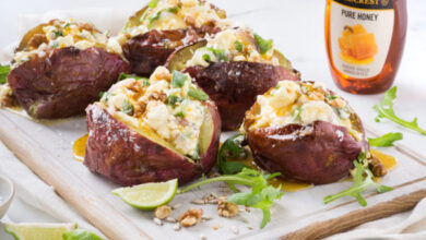 Honey glazed sweet potatoes with feta and nut filling
