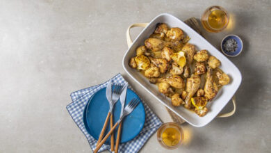 Slow-cooked chicken, onion and cauliflower tray