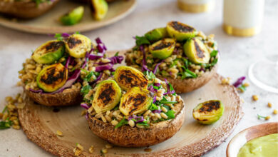 Brussel sprout stuffed portabellas with barley and lemon