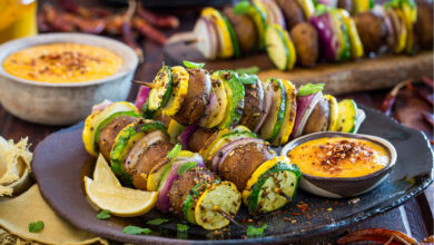 Curried mushroom and courgette kebabs