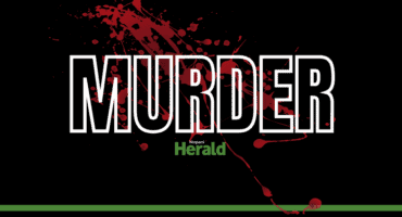 The word "murder" with blood splatter on a black background.