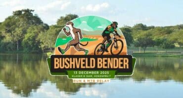 The logo for the Bushveld Bender event with an image of Klaserie Dam in the background.