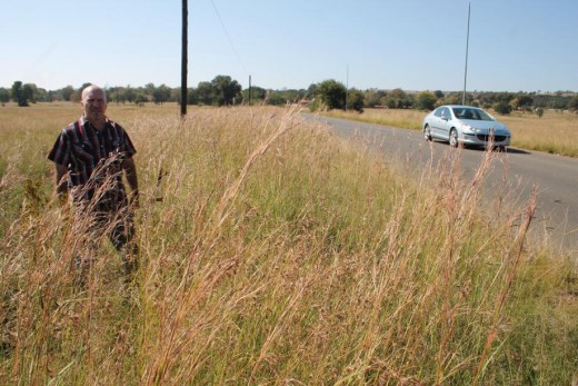  Mr Carlos Rebelo shows how long some of the grass on the side of Coronation Street is. 