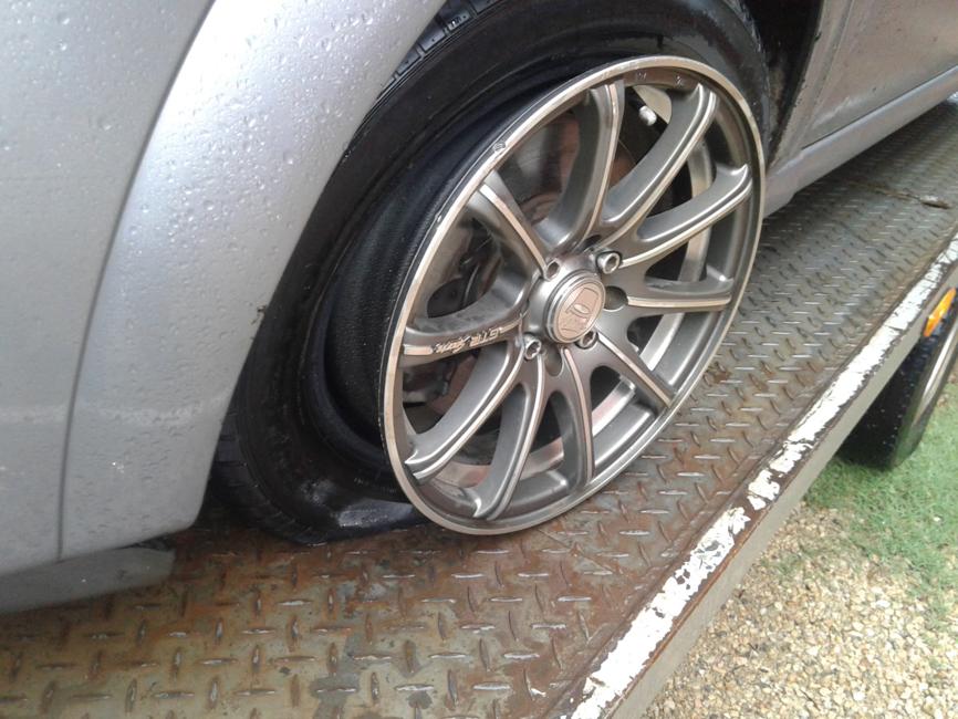 One of the wheels of Rossouw's vehicle after she hit the potholes.