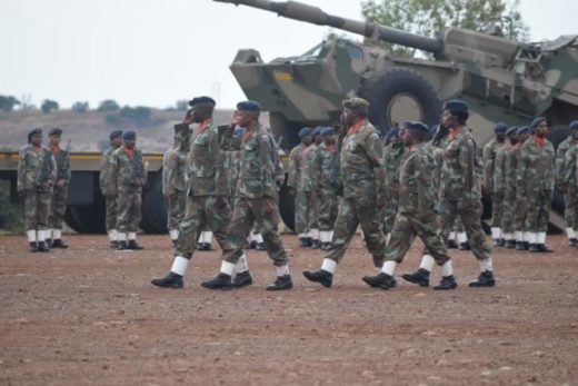 The five officers; Capt. Kekana, Capt. Leshomo, Col. Maso, Maj. Magabane and Lt. Col Matimbe salute to the right on their way to inspect the gunners on parade. Photos: Selogile Leshage