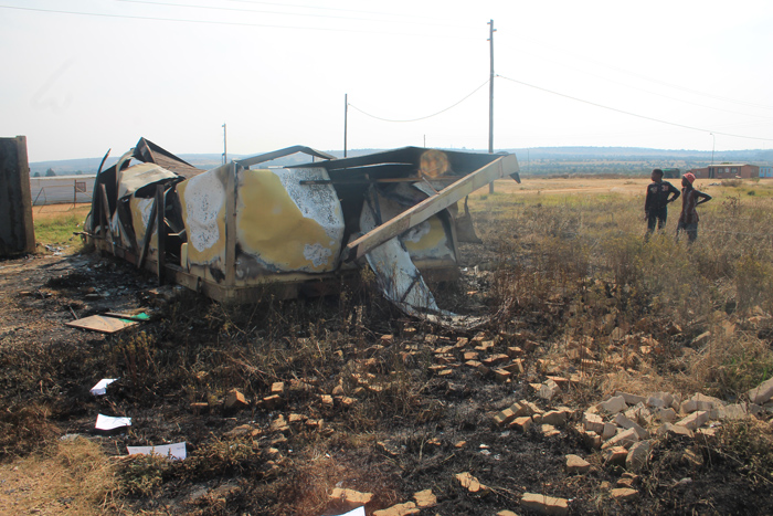 The container, previously used by municipal contractors, that was set alight by the protesters in Kokosi last week.