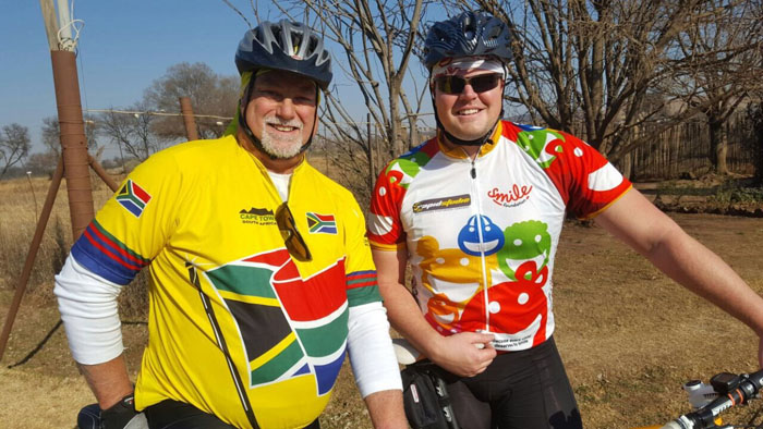Boyd and Philip in the colourful gear they will be wearing during their challenge.