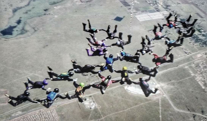 Skydivers in action at the JSC on Sunday morning during their new record-breaking formation.