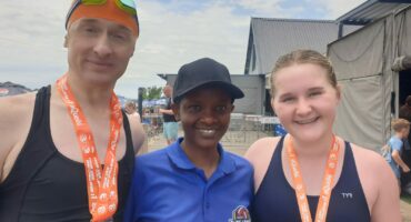 Carla Louw, Coach Winfrey Nambuya and Minke Rheeder at Sunday's Midmar Mile seeding event.