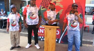 The chairmen of several local taxi associations also attended. Here Lucas Nhlapi (CALDDTA chairperson), Patrick Mudau (Wedela Taxi Association chairperson) and Meshack Montswhiwa (Busato chairperson) looked on as the chairperson of CUTA, Lechalaba Modise, addressed the crowd.