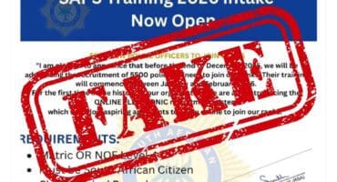 The fake advertisement for SAPS learnerships. The website listed is also not the official SAPS recruitment website https://www.saps.gov.za/careers/careers.php