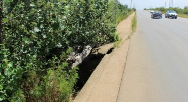 The pedestrian bridge on the sidewalk between Fochville and Kokosi has still not been fixed by the municipality, which means that pedestrians have to walk in front of oncoming traffic if they want to use this route.