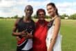 Sibusiso Ndiko and Mikayla Smit with their coach, Annetjie Smit.
